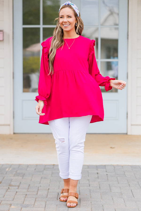Plus Size hot pink long sleeve top with ruffle shoulders, bubble sleeves, and a tiered bodice.