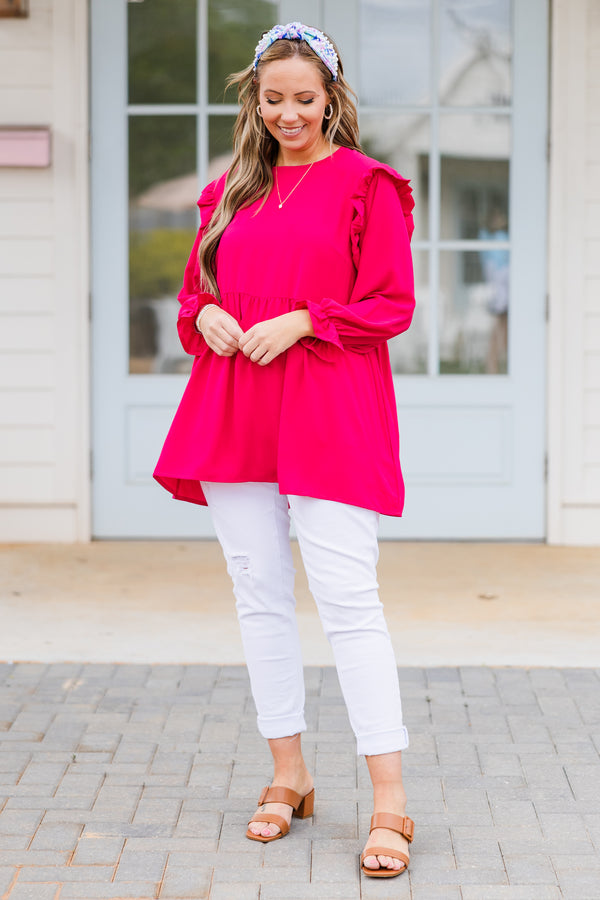 Plus Size hot pink long sleeve top with ruffle shoulders, bubble sleeves, and a tiered bodice.
