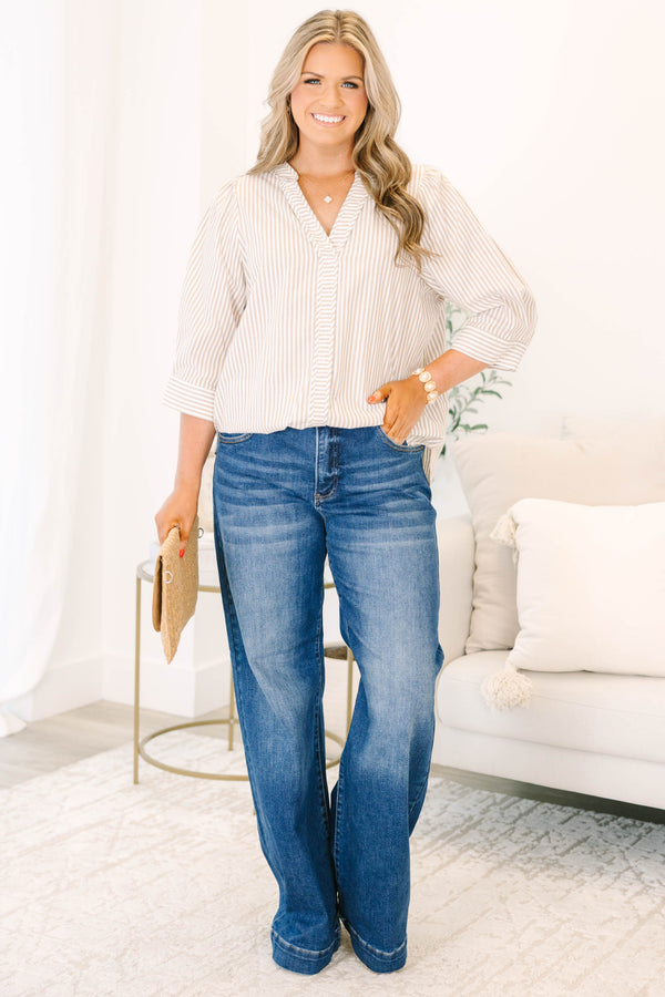 Plus Size wide-leg dark wash jeans with a double-button waistband and subtle fading.