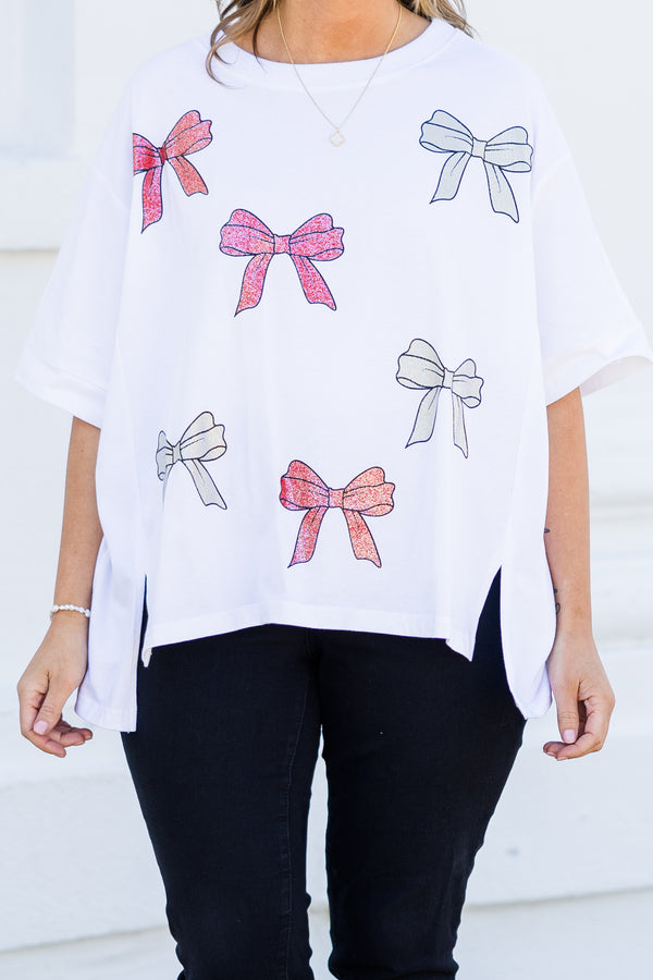 Chic Soul plus size clothing, short-sleeve white top with scoop-neckline and pink multi-colored sequined bows scattered across the top