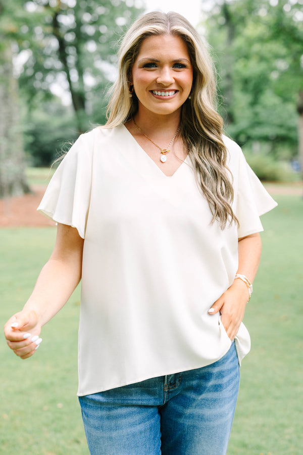 Chic Soul plus size clothing, ivory v-neck top with short sleeves and flutter sleeves