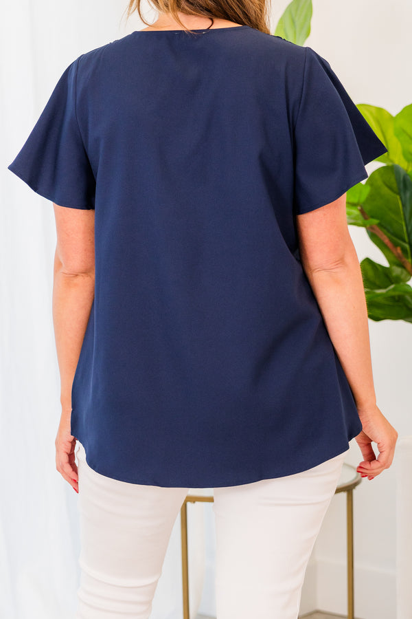Chic Soul plus size clothing, short sleeve navy top with v-neckline