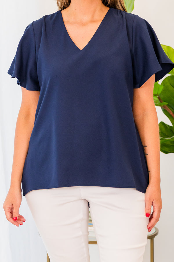 Chic Soul plus size clothing, short sleeve navy top with v-neckline
