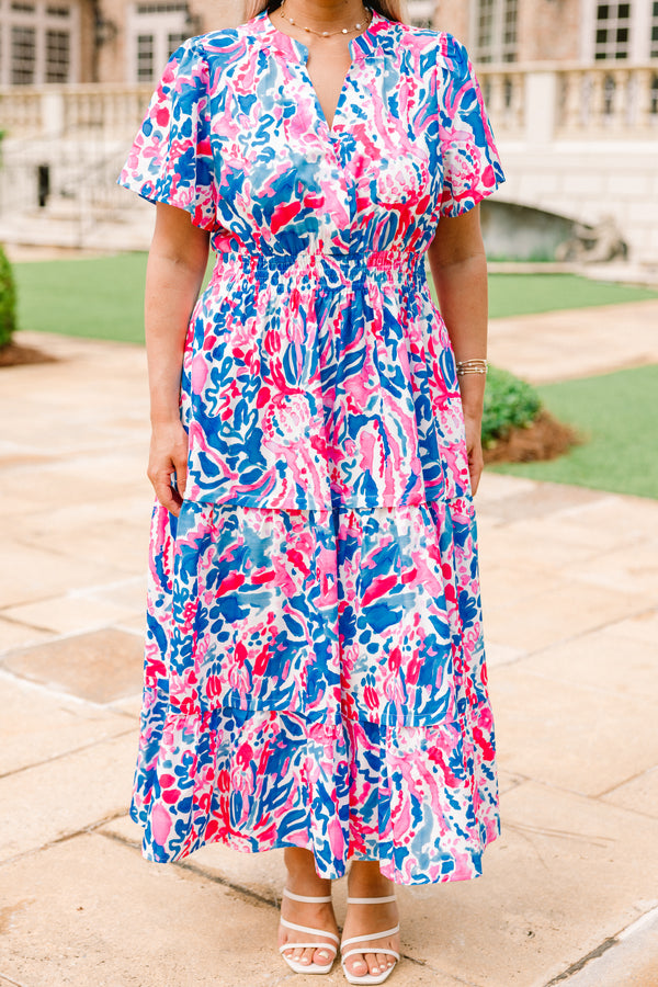 Chic Soul plus size clothing, short-sleeve fuchsia and blue abstract midi dress