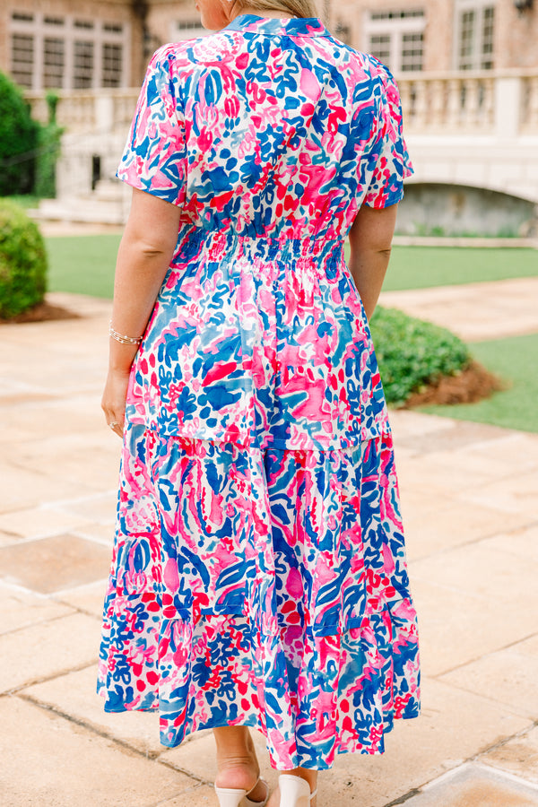 Chic Soul plus size clothing, short-sleeve fuchsia and blue abstract midi dress