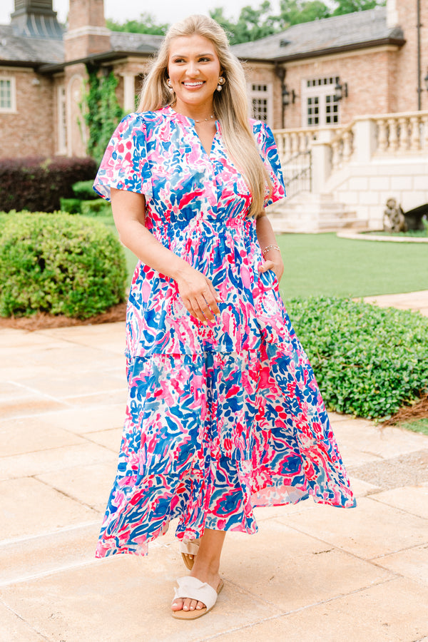 Chic Soul plus size clothing, short-sleeve fuchsia and blue abstract midi dress
