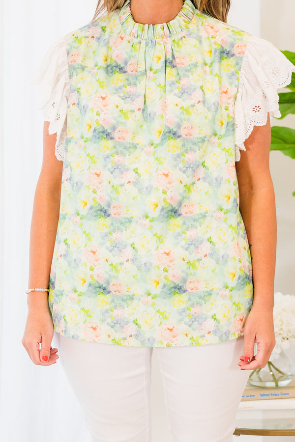 Chic Soul plus size clothing, white short-flutter-sleeve sage green top with a ruffled mock neck and a subtle watercolor floral pattern