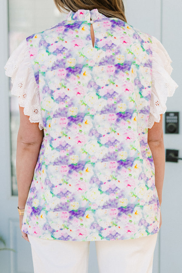 Chic Soul plus size clothing, white ruffled short sleeve blouse with lavender details and cinched collar