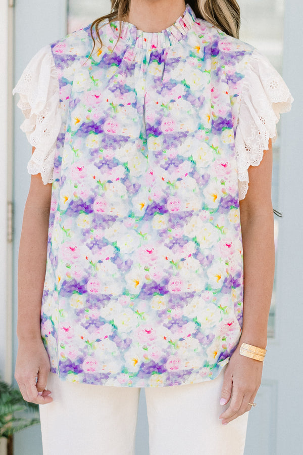 Chic Soul plus size clothing, white ruffled short sleeve blouse with lavender details and cinched collar