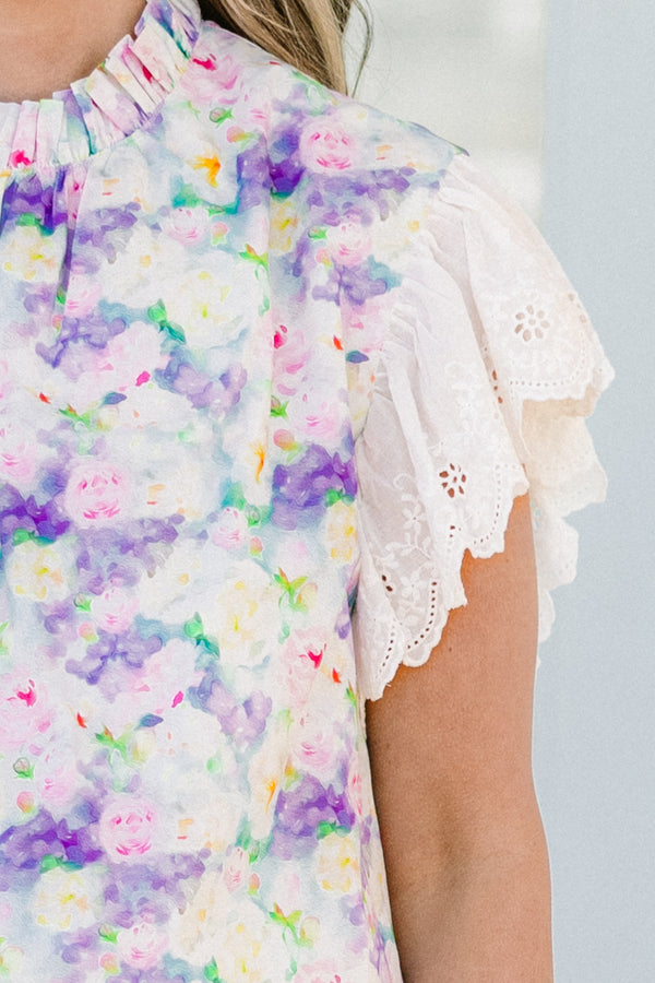 Chic Soul plus size clothing, white ruffled short sleeve blouse with lavender details and cinched collar
