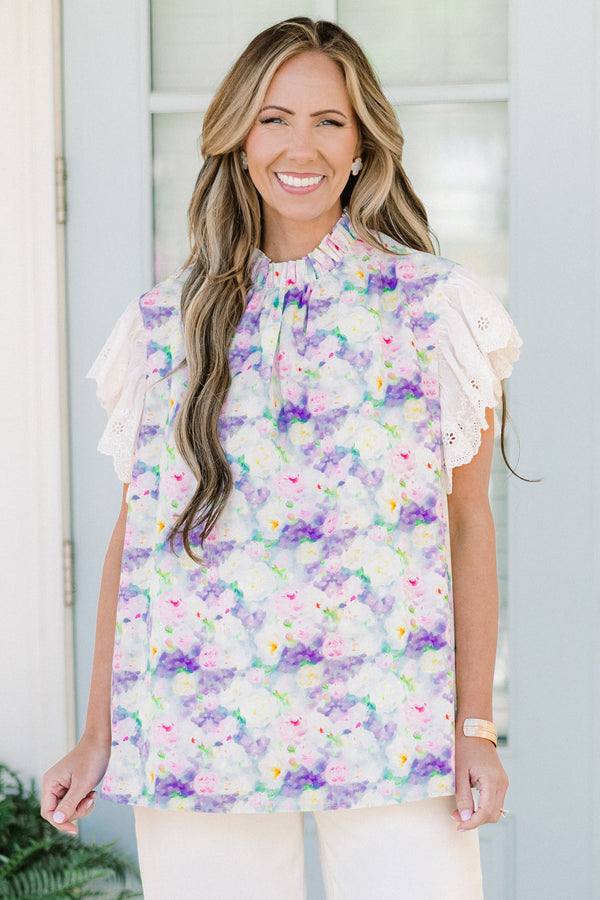 Chic Soul plus size clothing, white ruffled short sleeve blouse with lavender details and cinched collar
