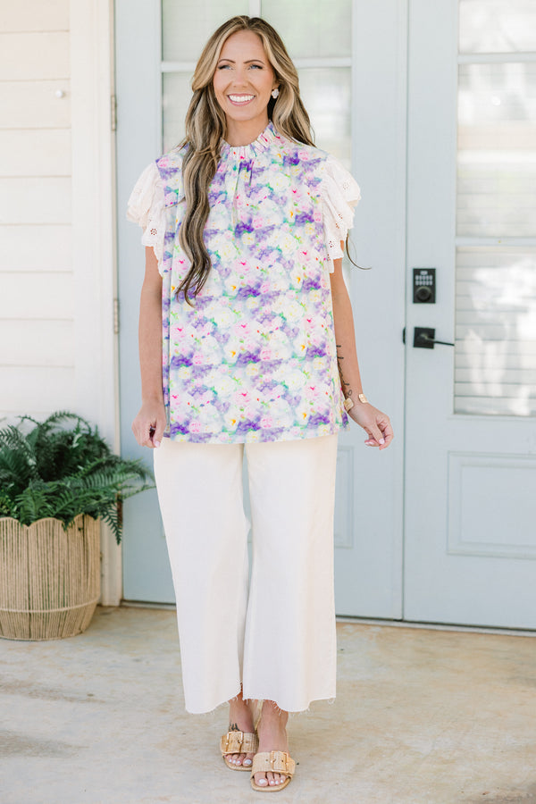 Chic Soul plus size clothing, white ruffled short sleeve blouse with lavender details and cinched collar