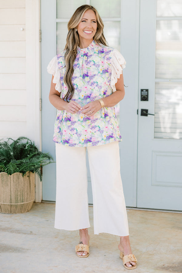 Chic Soul plus size clothing, white ruffled short sleeve blouse with lavender details and cinched collar