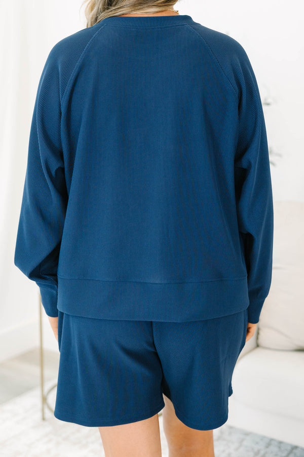 Plus size clothing, navy ribbed set with long sleeves and matching shorts