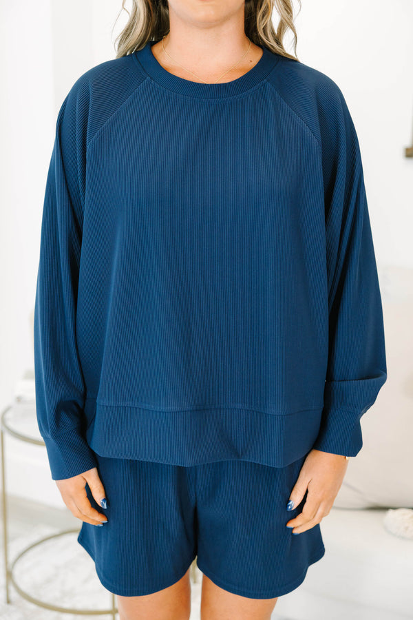 Plus size clothing, navy ribbed set with long sleeves and matching shorts
