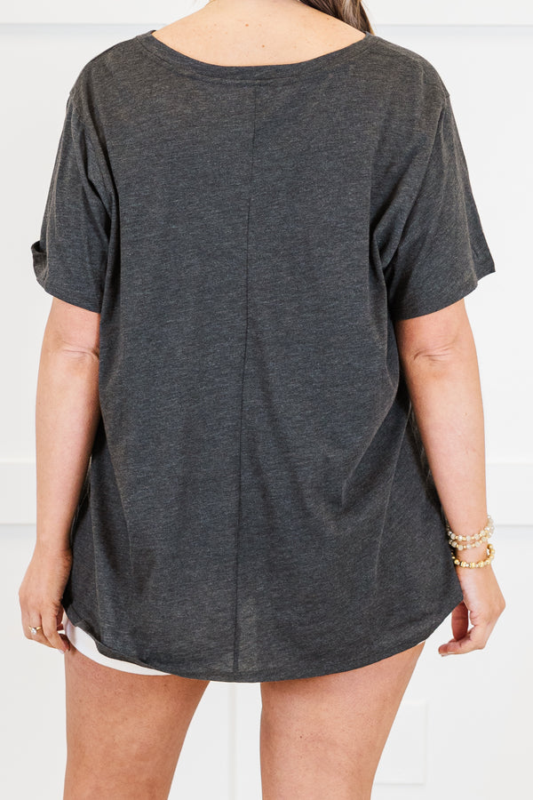 Plus Size charcoal grey v-neck cotton t-shirt with short sleeves and a relaxed fit.