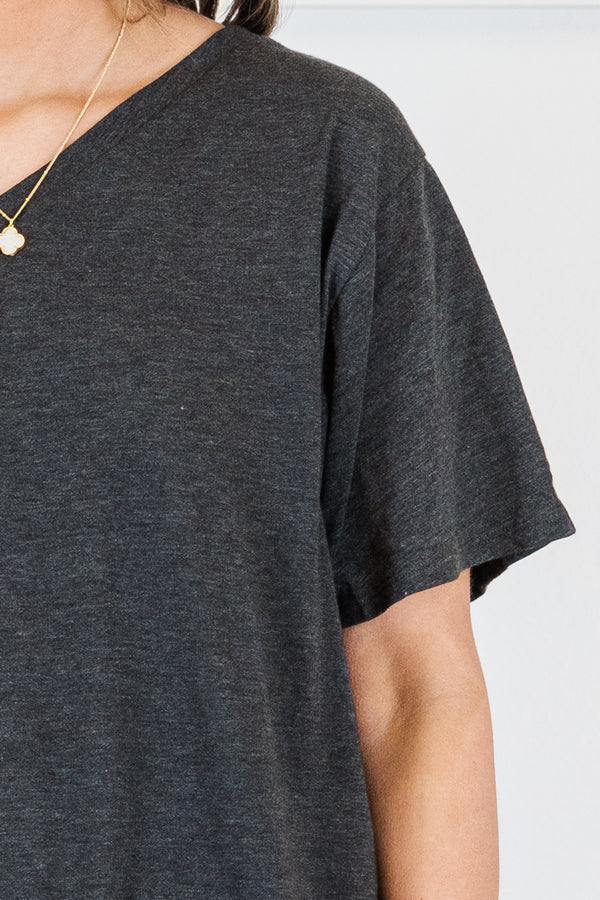 Plus Size charcoal grey v-neck cotton t-shirt with short sleeves and a relaxed fit.