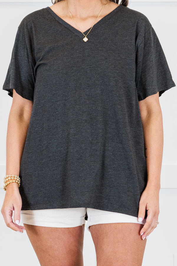 Plus Size charcoal grey v-neck cotton t-shirt with short sleeves and a relaxed fit.