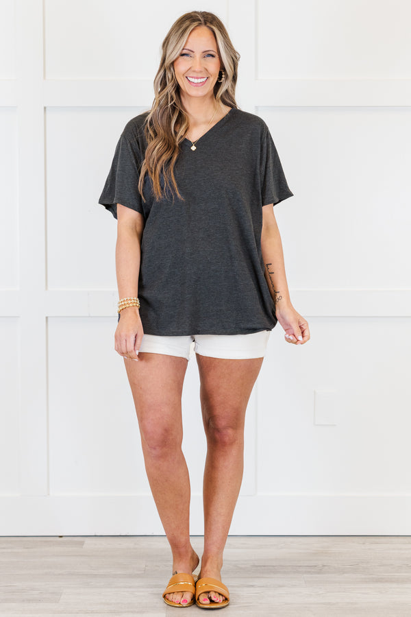 Plus Size charcoal grey v-neck cotton t-shirt with short sleeves and a relaxed fit.