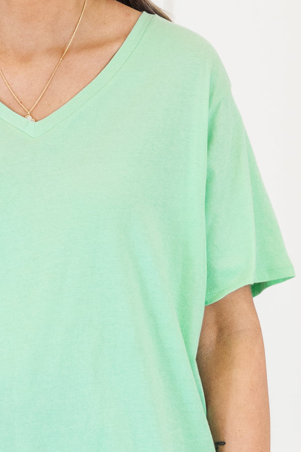 Plus Size mint green 100% cotton v-neck t-shirt with short sleeves and a relaxed fit.