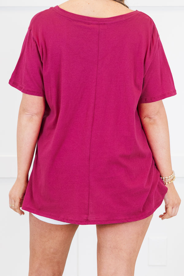 Chic Soul plus size clothing, magenta plain short sleeve flowy top with v neckline