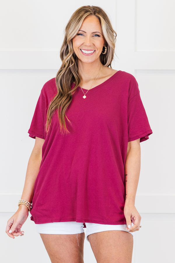 Chic Soul plus size clothing, magenta plain short sleeve flowy top with v neckline