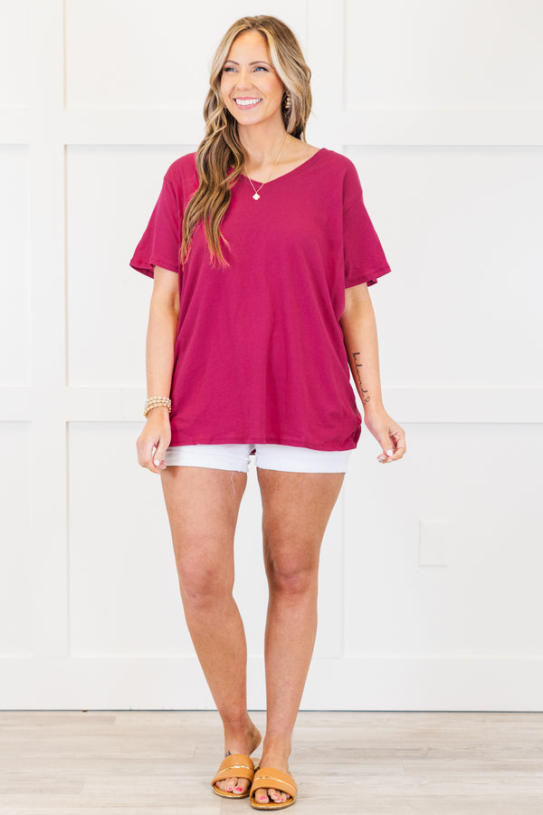 Chic Soul plus size clothing, magenta plain short sleeve flowy top with v neckline