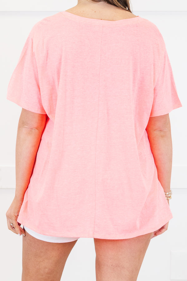 Chic Soul plus size clothing, short-sleeve neon coral pink tee shirt with a subtle v-neckline 