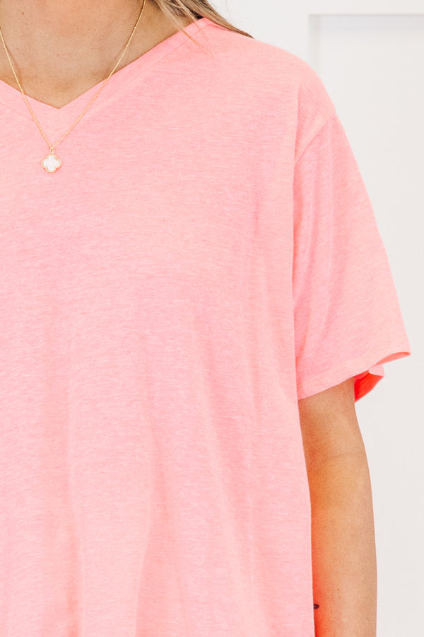Chic Soul plus size clothing, short-sleeve neon coral pink tee shirt with a subtle v-neckline 