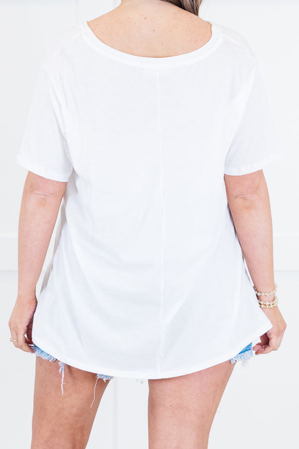 Plus Size white v-neck short sleeve cotton tee with light wash distressed denim shorts.