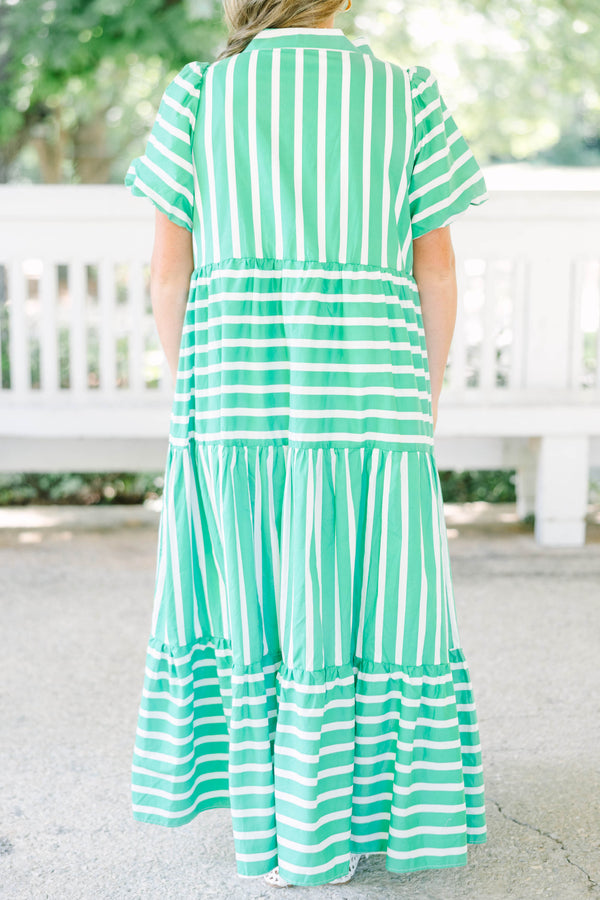 Plus size kelly green and white striped maxi dress with bubble sleeves and v-neckline.