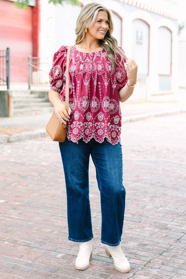 Plus Size burgundy eyelet top with elastic bubble sleeves and a scalloped hem.