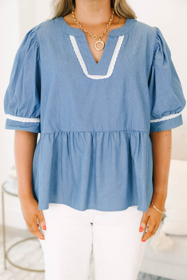 Chic Soul plus size clothing, denim blue short sleeve peplum top with puff sleeves and white detail on sleeves and v neckline 