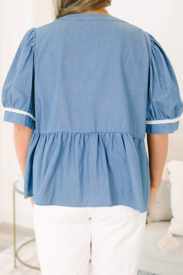 Chic Soul plus size clothing, denim blue short sleeve peplum top with puff sleeves and white detail on sleeves and v neckline 