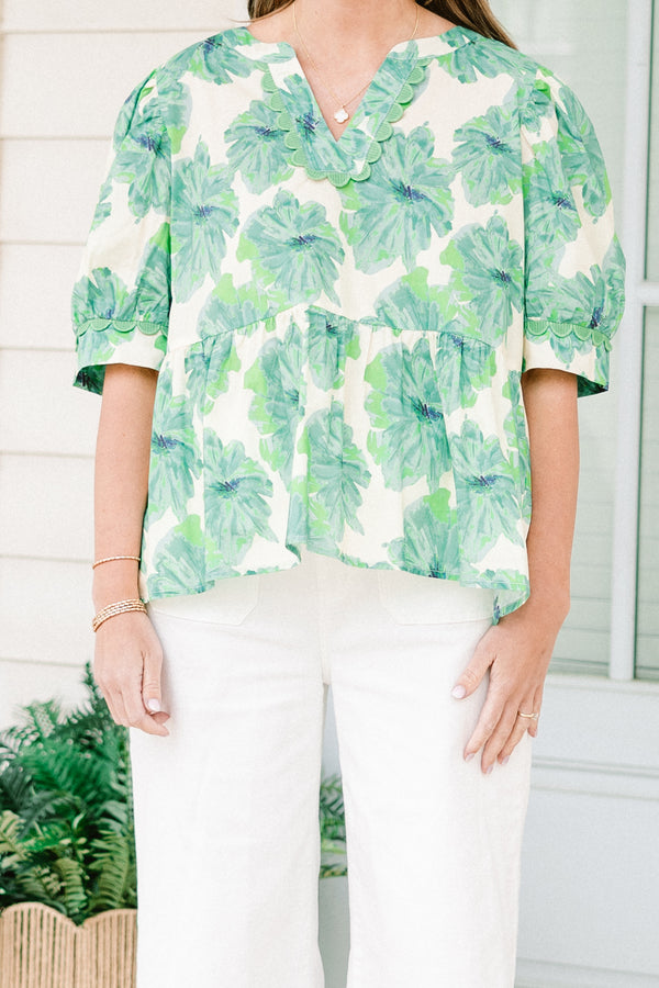 Chic Soul plus size clothing, short-puffed-sleeve green ivory baby doll top with a v-neckline with a green floral pattern