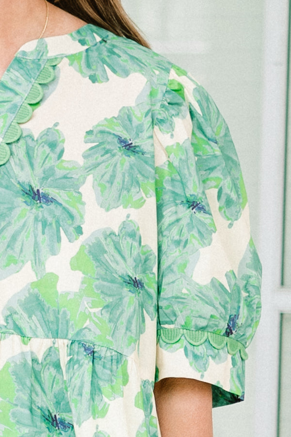 Chic Soul plus size clothing, short-puffed-sleeve green ivory baby doll top with a v-neckline with a green floral pattern