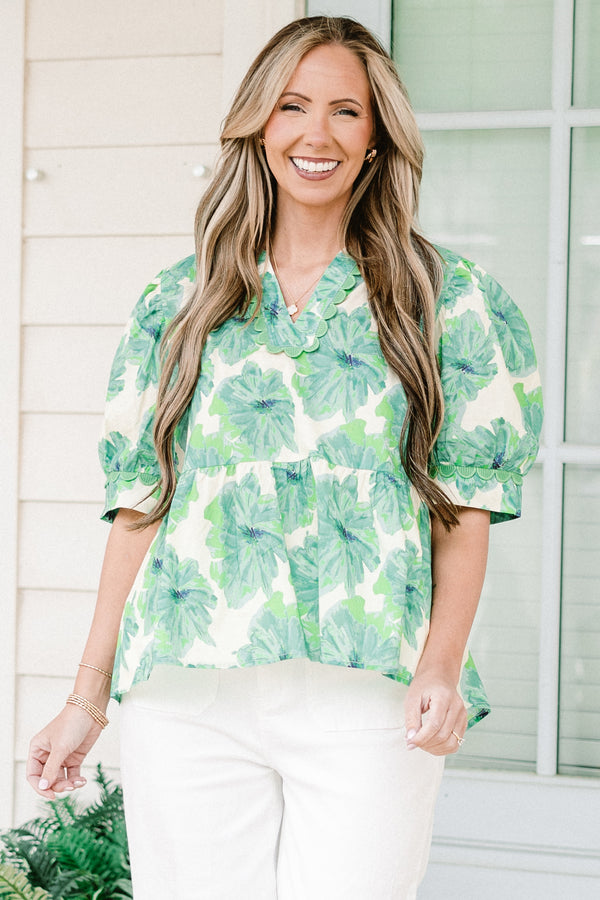 Chic Soul plus size clothing, short-puffed-sleeve green ivory baby doll top with a v-neckline with a green floral pattern
