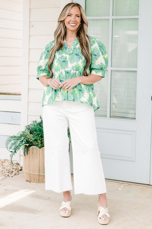 Chic Soul plus size clothing, short-puffed-sleeve green ivory baby doll top with a v-neckline with a green floral pattern