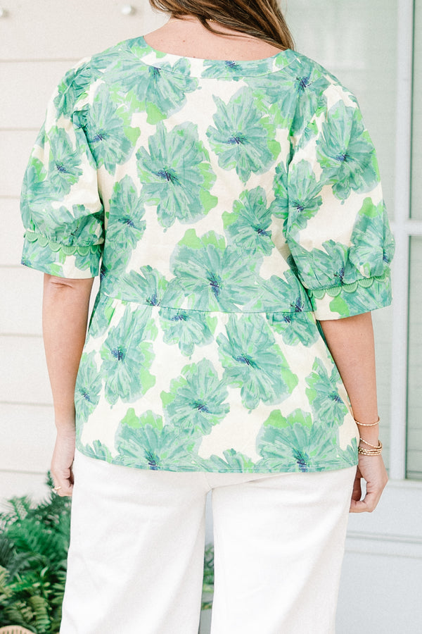 Chic Soul plus size clothing, short-puffed-sleeve green ivory baby doll top with a v-neckline with a green floral pattern