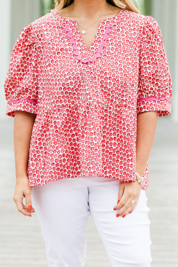 Chic Soul plus size clothing, short-sleeve pink babydoll peplum top with a v-neckline and a ric rac detailing on the neckline and sleeves with a pink floral pattern