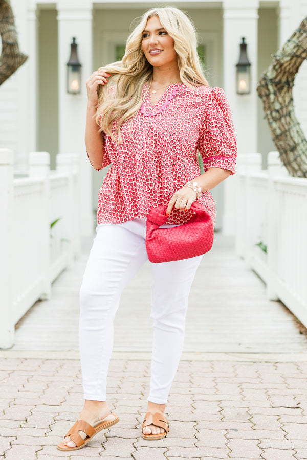 Chic Soul plus size clothing, short-sleeve pink babydoll peplum top with a v-neckline and a ric rac detailing on the neckline and sleeves with a pink floral pattern