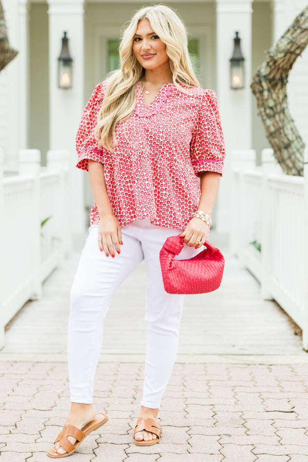 Chic Soul plus size clothing, short-sleeve pink babydoll peplum top with a v-neckline and a ric rac detailing on the neckline and sleeves with a pink floral pattern