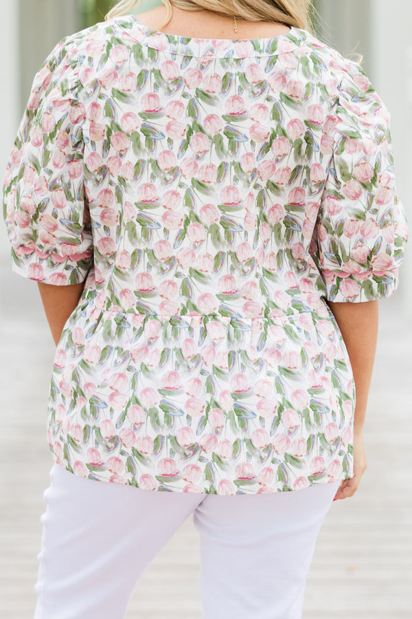 Chic Soul plus size clothing, white elbow length short sleeve top with v cutout along round neckline with pink scalloped detail along neckline and detail along cuff sleeves with pink and green tulip print 