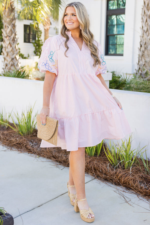 Chic Soul plus size clothing, pink striped tiered dress with bubble sleeves that have multicolored stitched hearts on them as well as a v-neckline 