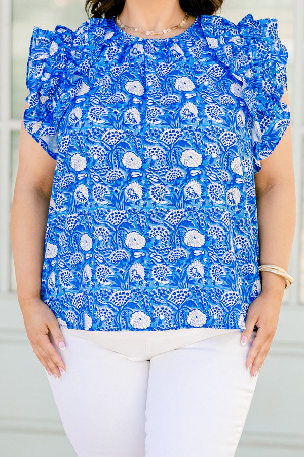 Chic Soul plus size clothing, cobalt blue flutter sleeve top with high pleated neckline and abstract floral design