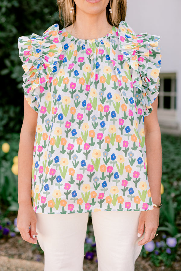 Chic Soul plus size clothing, blue multi floral print short sleeve top with round mock neckline with ruffle flare sleeves