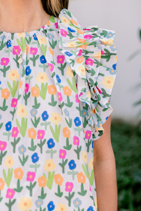 Chic Soul plus size clothing, blue multi floral print short sleeve top with round mock neckline with ruffle flare sleeves