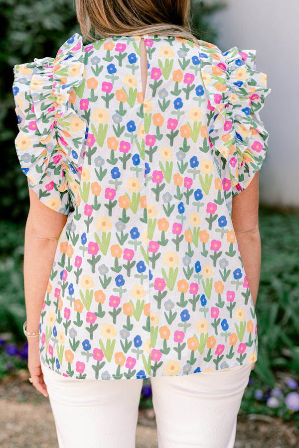 Chic Soul plus size clothing, blue multi floral print short sleeve top with round mock neckline with ruffle flare sleeves
