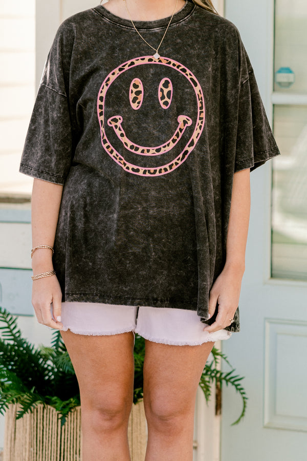 Chic Soul plus size clothing, ash black acid wash short sleeve boyfriend tee with round neckline and pink leopard print smiley graphic on the front
