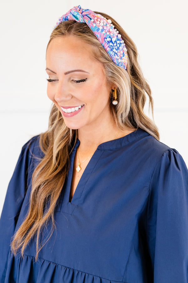 Chic Soul plus size clothing, pink/purple floral print knot headband with pearls all over